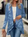 Detail view of the floral print open-front long sleeve cardigan, elegant plus size cape. - 1XL / Blue