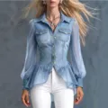 Schicke Damen Jeans Spliced Transparente Ärmel Bluse Revers Lässiges Oberteil Detail - S / Hellblau