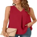 Damen Sommer V-Ausschnitt einfarbig ärmellos Chiffon Tanktop lose lässige Bluse Detailansicht - S / Rot