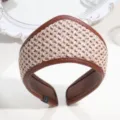 Retro crown headband, brown leather trimmed woven fabric hair hoop for women and girls - Woven Style / Beige + Khaki