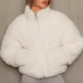 Damen flauschige Teddy Fleece Jacke, kurze kuschelige Winter Plueschjacke mit Reissverschluss. - S / Oberteile / Gebrochenes Weiß