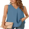 Top smanicato in chiffon con scollo V casual estivo, elegante capo d'abbigliamento blu. - Taglia S / Blu Mare