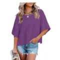 Purple loose short sleeve t-shirt detail, casual women's top with round neck and patchwork. - Deep purple