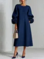 Elegante abito midi in cotone e lino a maniche lunghe con polsini floreali 3D da donna chic. - Blu navy
