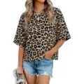 Detailed view of the stylish leopard print short sleeve t-shirt, casual and comfortable fit. - S / Tops / Leopard Print