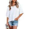 Classic white solid color crewneck loose 3/4 flare sleeve t-shirt for women casual daily wear. - S / Tops / White