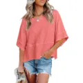 Women Casual Loose Round Neck 3/4 Flare Sleeve Colorblock T-Shirt Spring Summer Chic - S / Tops / Pink