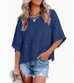Casual solid color round neck short sleeve loose women t-shirt detail view showing relaxed fit and fabric. - S / Tops / Navy Blue