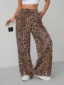 Modische Damen Freizeithose mit Leopardenmuster und Kordelzug gerade Beine für Stil - S / Kaffee Leopardenmuster