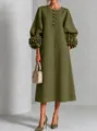 Elegante vestito midi verde in cotone e lino con maniche floreali e bottoni classici. - Verde oliva