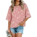 Rosa Paisley-Muster Kurzarm T-Shirt Detail, lässiges lockeres Oberteil mit Stoffstruktur. - 3XL / Oberteile / Rosa Floral