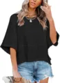 Damen einfarbig Rundhalsausschnitt Trompetenarm lose lässige T-Shirt Frühling Sommer Top - S / Schwarz