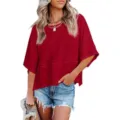 Solid color crewneck half sleeve loose casual t-shirt detail showing comfortable fabric. - S / Tops / Dark Red