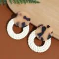 Fashion woven earrings featuring tortoiseshell acrylic and natural rattan rings for women. - Leopard Beige