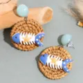 Woven rattan resin fish skeleton earrings summer beach vacation cute animal drop earrings - Fishbone Woven Earrings