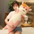 Simpatico lungo peluche animale mucca cuscino morbido bambola sonno decorazione regalo - Compagno mucca felice - Rosa / 130 cm