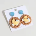 Rattan woven moon cloud drop earrings with blue beads cute resin jewelry for women. - Moon