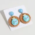 Cute woven rattan earth drop earrings with blue bead studs fashion cute jewelry for women - Earth