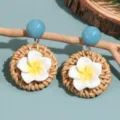 Bohemian rattan plumeria flower drop earrings with blue resin beads for women vacation style - White Frangipani