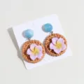 Boho handmade rattan woven plumeria flower drop earrings with blue bead summer jewelry - Plumeria Purple