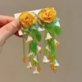 Handgemachte gelbe Rosen Blumen grüne Perlen Quaste Ohrringe lange tropfen floral Schmuck - Grüne Blumenquasten