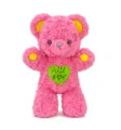 Detailed view of the pink plush teddy bear toy, highlighting soft curly fur and green heart patch. - Bubblegum Bear, Rose Red