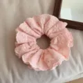 Pink lace bow hair scrunchie cute soft elastic hair band for women and girls daily wear - Hollow Lace Bow Embroidery Style / Double Bow Pink