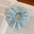 Light blue lace hair scrunchie with cute bow embroidery, soft elastic ponytail hair accessory. - Blue Bow Lace Style / Double Bow Blue