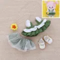 Cute cotton doll clothes set with green ruffled top, polka dot skirt, shoes and necklace. - 009 Outfit - Green