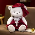 Adorable white plush teddy bear wearing dark red dress and lace collar as holiday gift. - Approx 30cm / Formal Dress Angel Bear - Red - Female