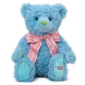 Blauwe gekrulde pluche teddybeer speelgoed met roze strik en geborduurd logo variante. - Blauwe wollen lintbeer