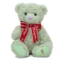 Groene krullende teddybeer pluche speelgoed met een rode strik, schattig cadeau voor kinderen. - Groene wollen lintbeer