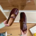 French style split toe flat Mary Jane shoes women brown leather casual footwear spring new - Burgundy