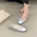 Silver metallic bow round toe ballet flats for women, elegant flat shoes with soft design. - 35 / Silver