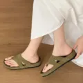 Comfortable women green suede thong sandals casual flat beach shoes for summer daily wear - 35 / Green