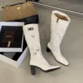 Damen weisse Lackleder Kniehohe Stiefel mit Blockabsatz spitz und Reissverschluss - 35 / Gebrochenes Weiß