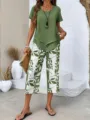 Ensemble haut vert manches courtes et pantalon imprime feuille chic detail vue style - S / Haut et Bas / Vert