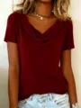 Femme t-shirt col cowl bordeaux uni manches courtes été haut de base decontracté mode chic - S / Rouge