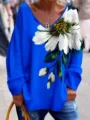 Blouse à manches longues et col V bleu vif avec un grand imprimé floral blanc élégant. - S / Bleu