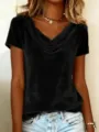 Femme t-shirt noir en velours col cowl manches courtes haut sexy élégant été vue détail - S / Noir