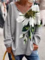 T-shirt à manches longues et col V décontracté avec grand imprimé floral élégant. - S / Gris