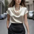 Blouse courte élégante en satin français, détail du col drapé pour un look chic et féminin. - S / Champagne