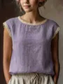 Women vintage loose solid color round neck lace patchwork sleeveless linen blouse detail - Light Purple