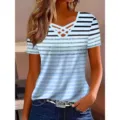 T-shirt femme court rayé à col V tendance avec brides croisées, haut décontracté bleu. - S / Bleu ciel