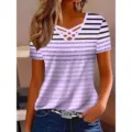 Femme Mode Col V Rayé Croisé Sangles Manches Courtes T-Shirt Haut d'Été Casual - S / Mauve Clair