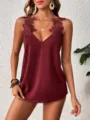 Femme Été Couleurunie Col V Garniture Dentelle Sans Manches Caraco Mode Débardeur Chic - S / Bordeaux