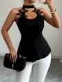 Stylish black halter sleeveless top featuring delicate lace embroidery and a flattering peplum waist. - S / Black