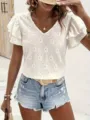 Femme élégant blanc col V manches volants broderie anglaise été haut décontracté - S / Hauts / Blanc