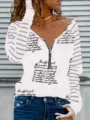 Damen Langarm Freizeitoberteil Halbverschluss gestreift Mode Druck Pullover Herbst - S / Weiß