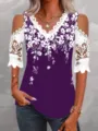 Women's Fashion Cold Shoulder Lace Floral Print V-Neck Short Sleeve Summer Tops - S / Purple